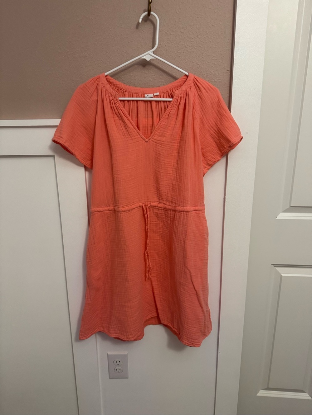Gap Factory Coral Crinkle Double Gauze Splitneck Mini Dress
